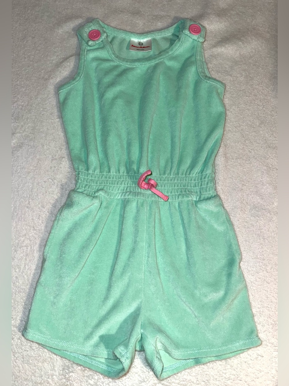 Hanna Andersson terry cloth romper in sea foam green, size 5
